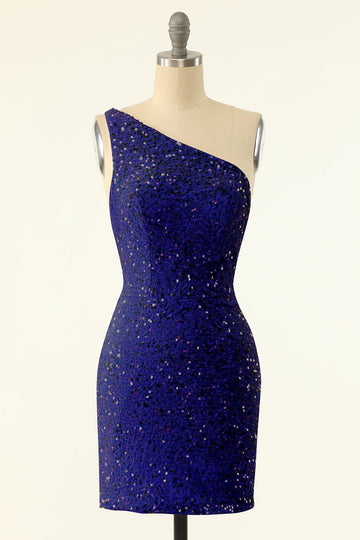 Royal Blue One Shoulder Sequins Tight Short Formal Dress